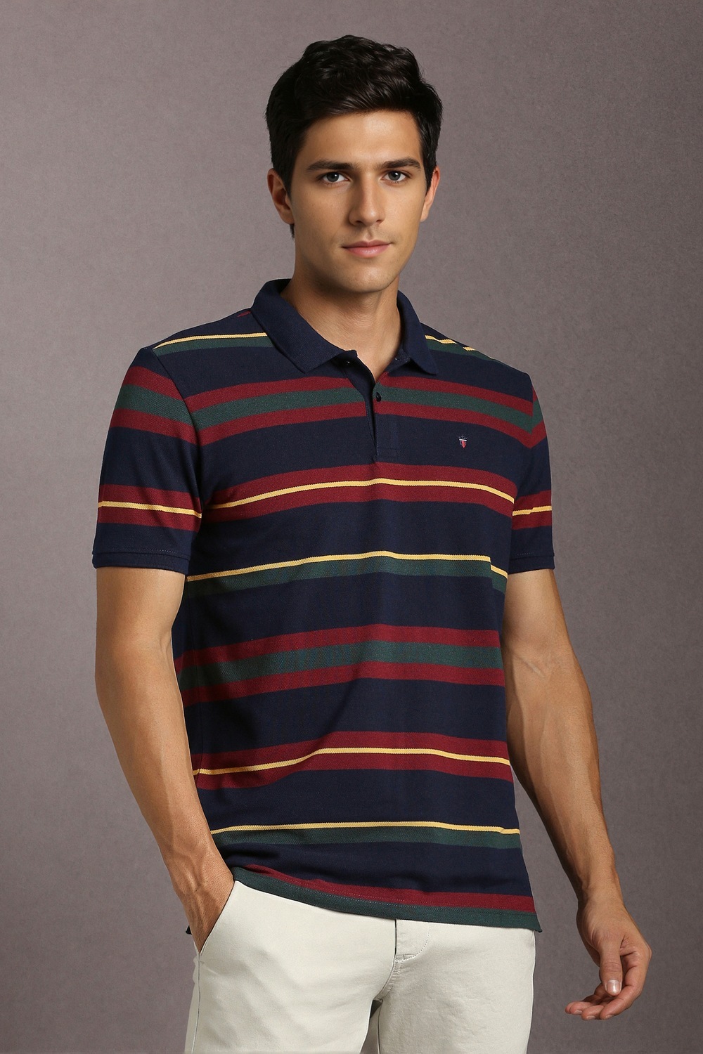 Men Navy Stripe Polo Neck T-shirt-Navy