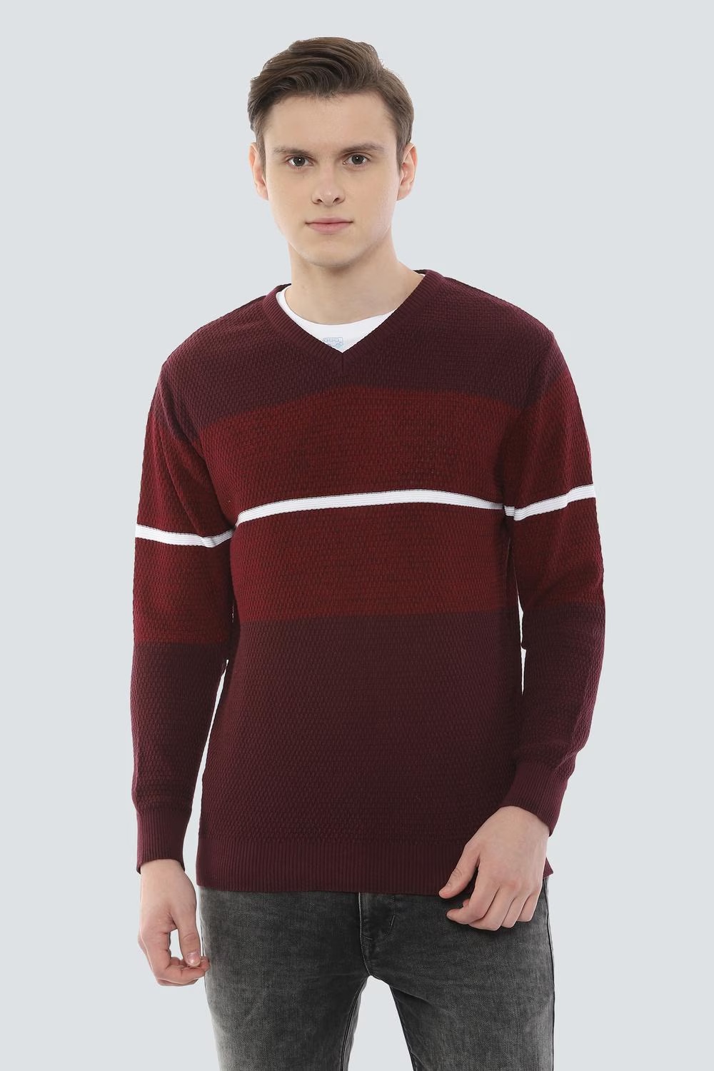 Men Maroon Knit V Neck Full Sleeves Sweater-Maroon