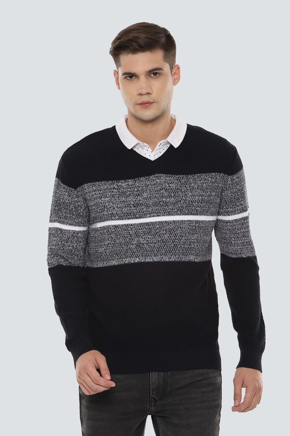 Men Navy Knit V Neck Full Sleeves Sweater-Navy