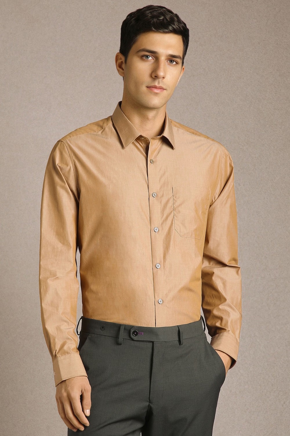 Men Beige Solid Full Sleeves Formal Shirt-Beige
