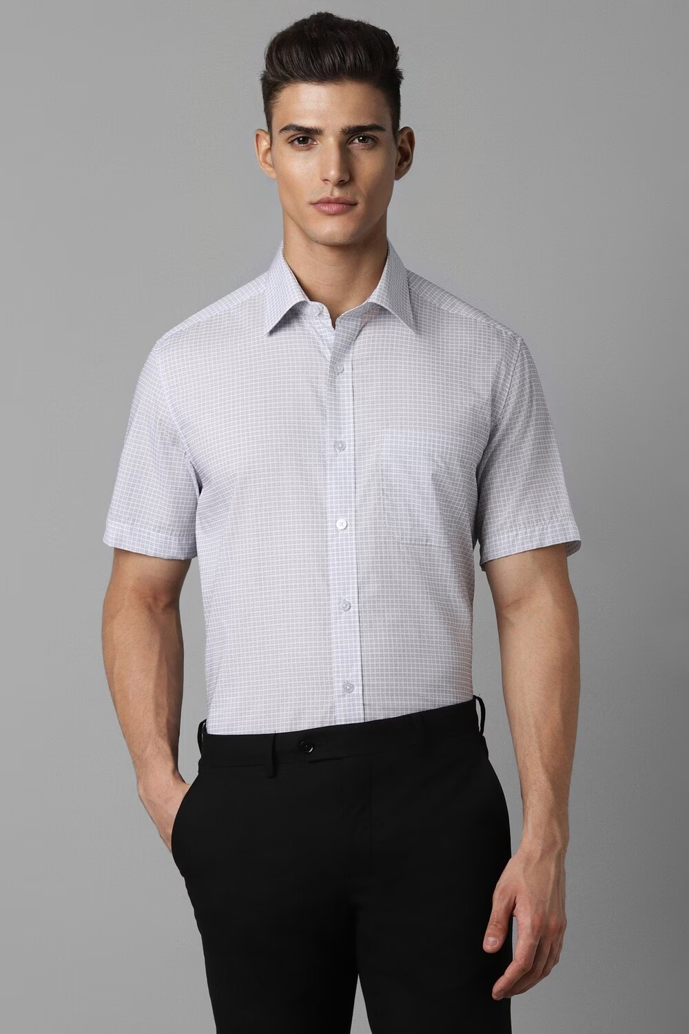 Men Grey Classic Fit Check Half Sleeves Formal Shirt-Grey