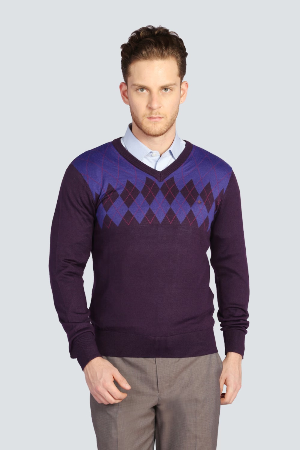 Men Purple Knit V Neck Full Sleeves Sweater-Purple