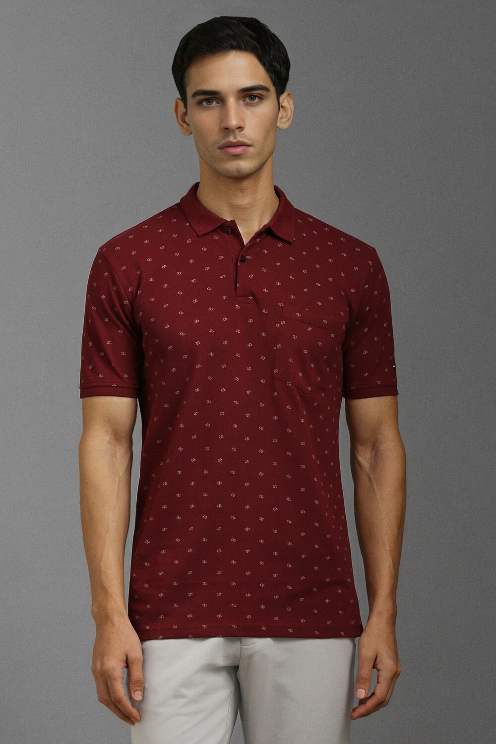 Men Maroon Print Polo Neck T-shirt-Maroon
