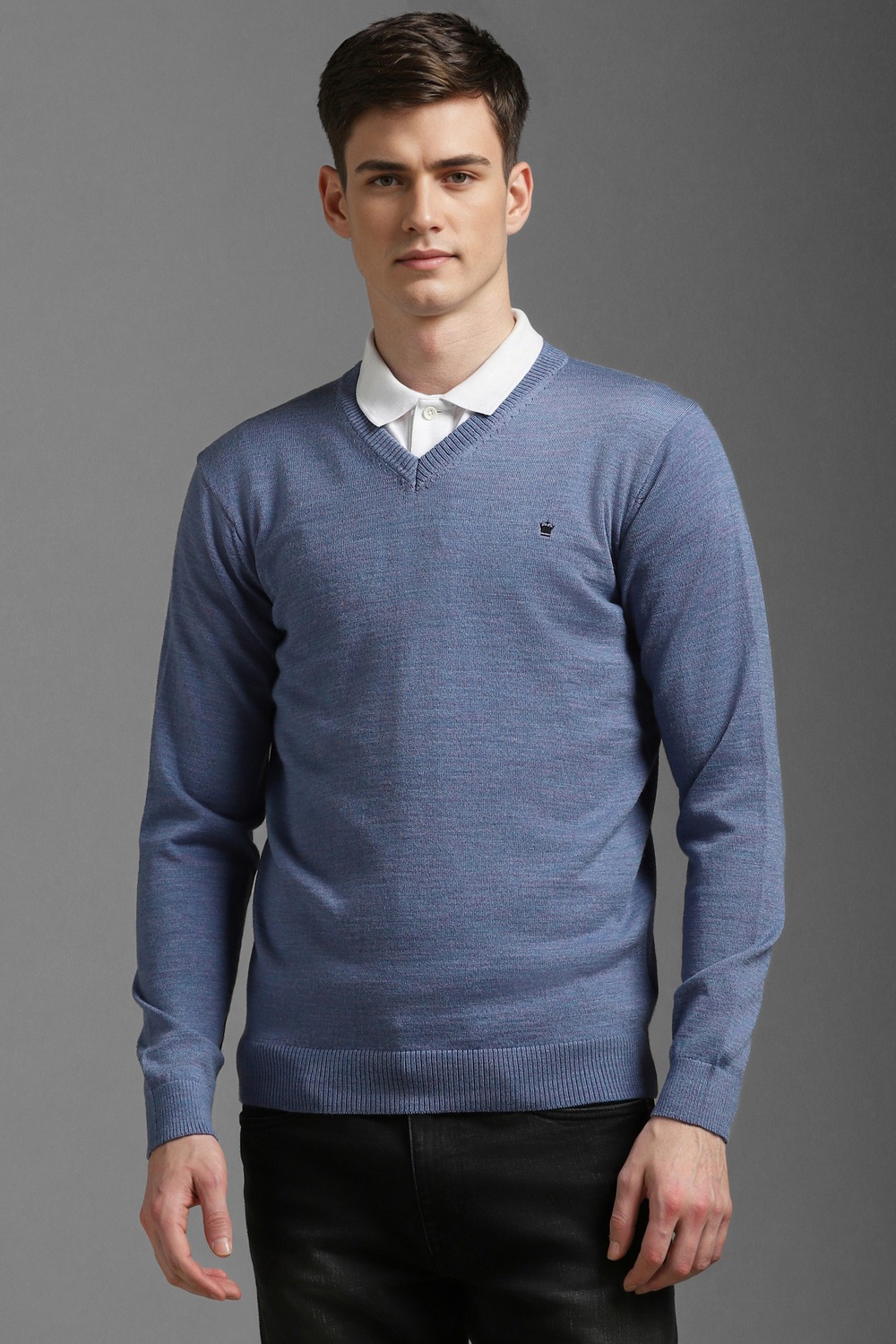 Men Blue Textured V Neck Full Sleeves Sweater-Blue