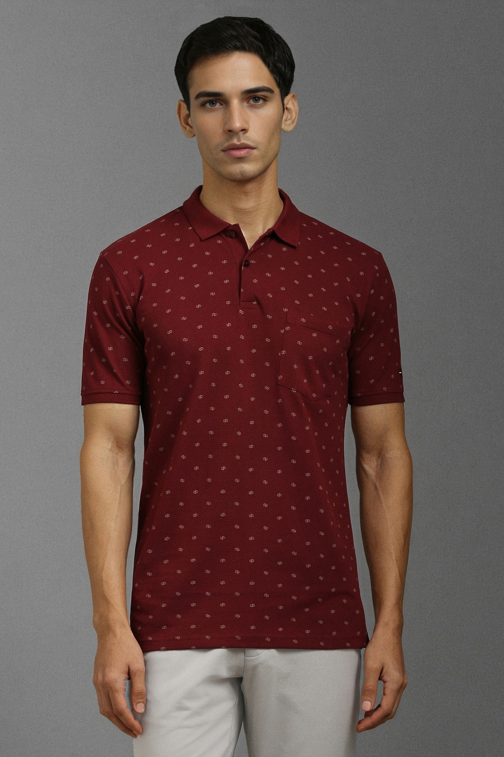 Men Maroon Print Polo Neck T-shirt-Maroon