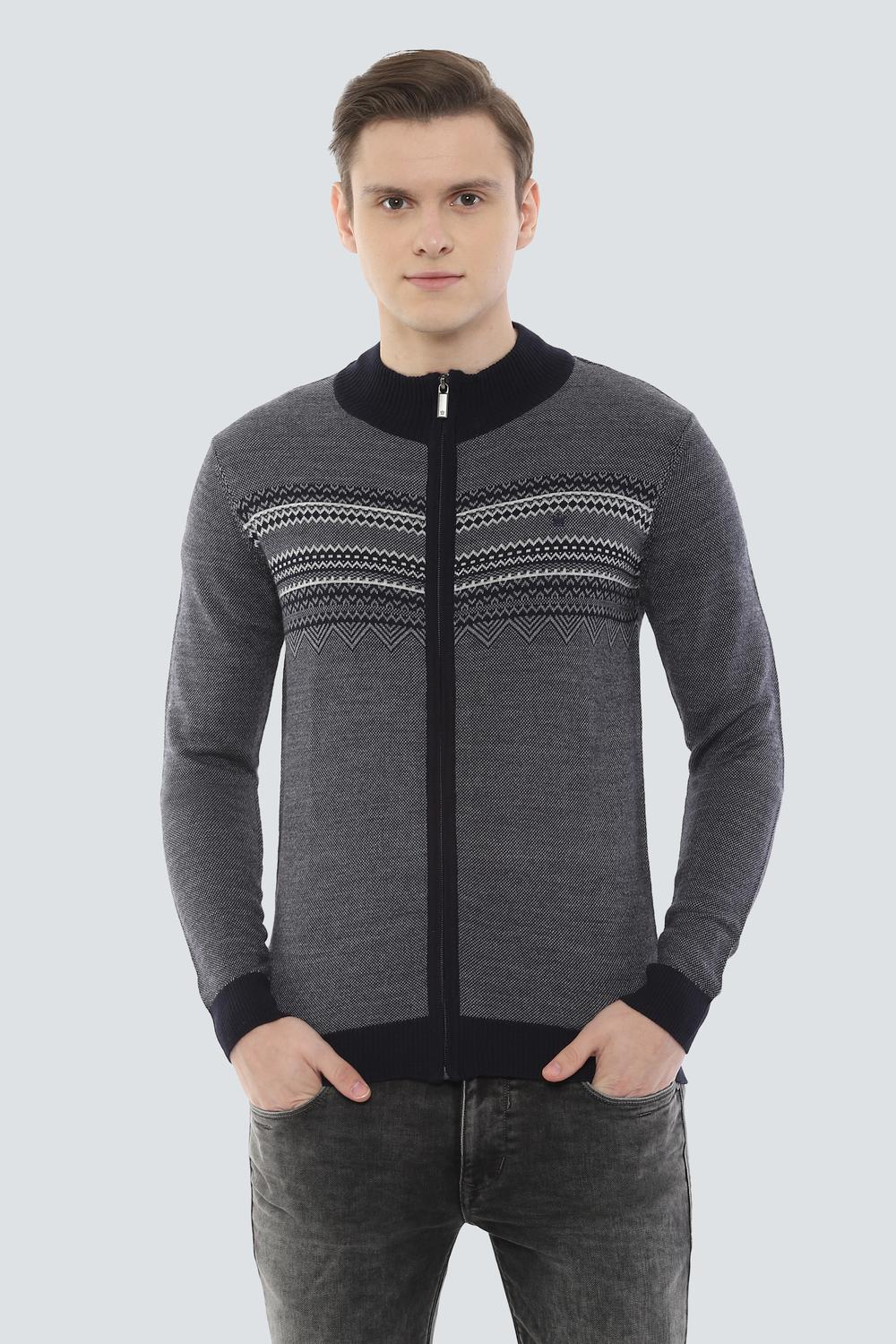 Men Navy Textured Crew Neck Full Sleeves Sweater-Navy