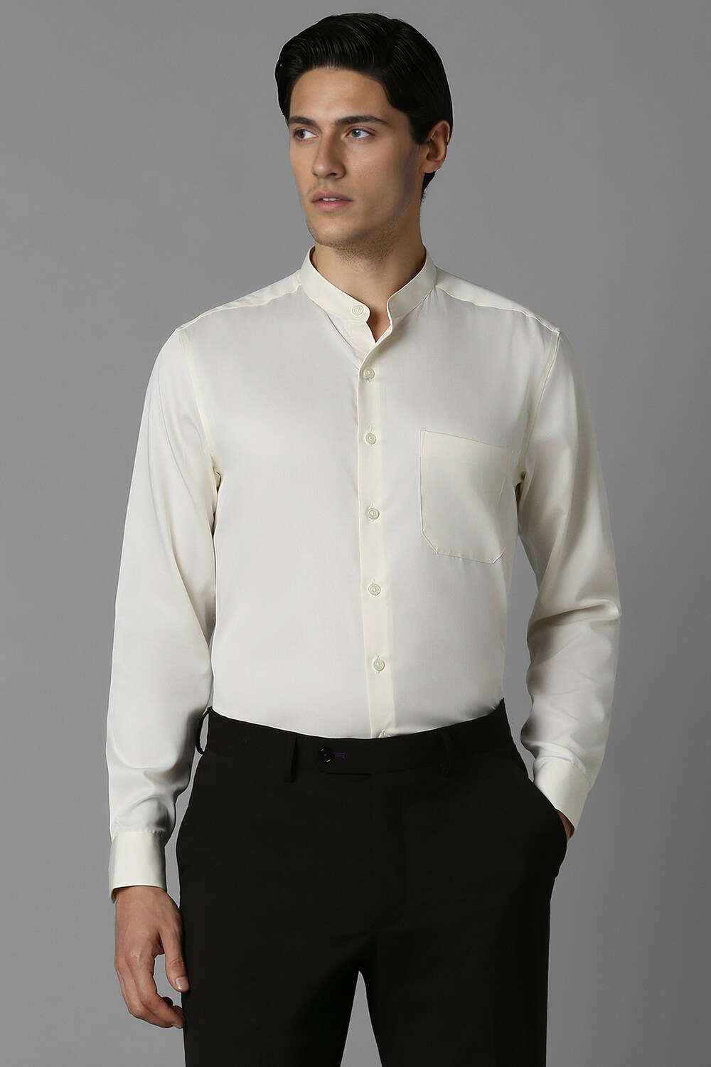 Men Cream Slim Fit Solid Full Sleeves Formal Shirt-Cream