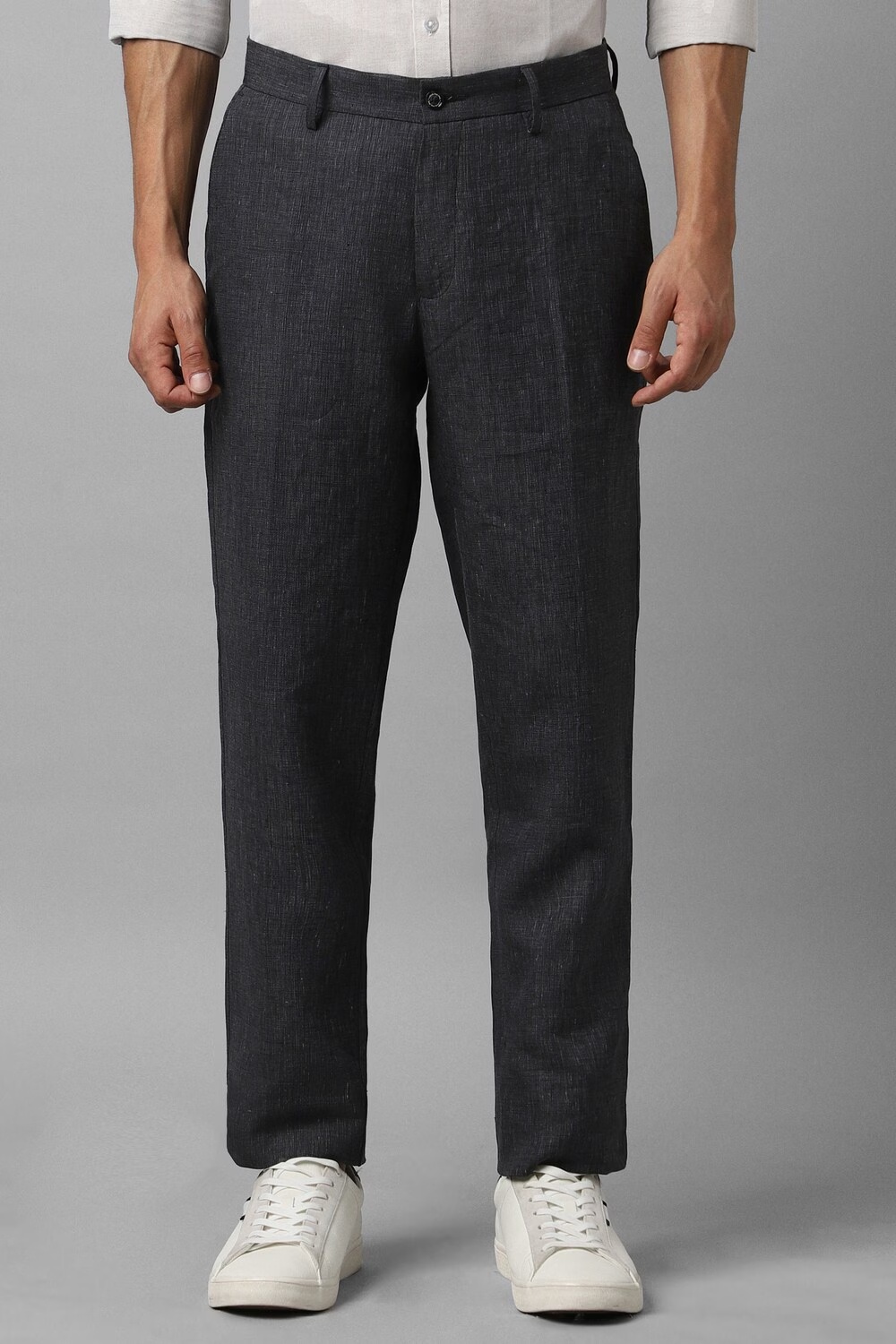 Men Grey Slim Fit Textured Flat Front Formal Trousers-Grey
