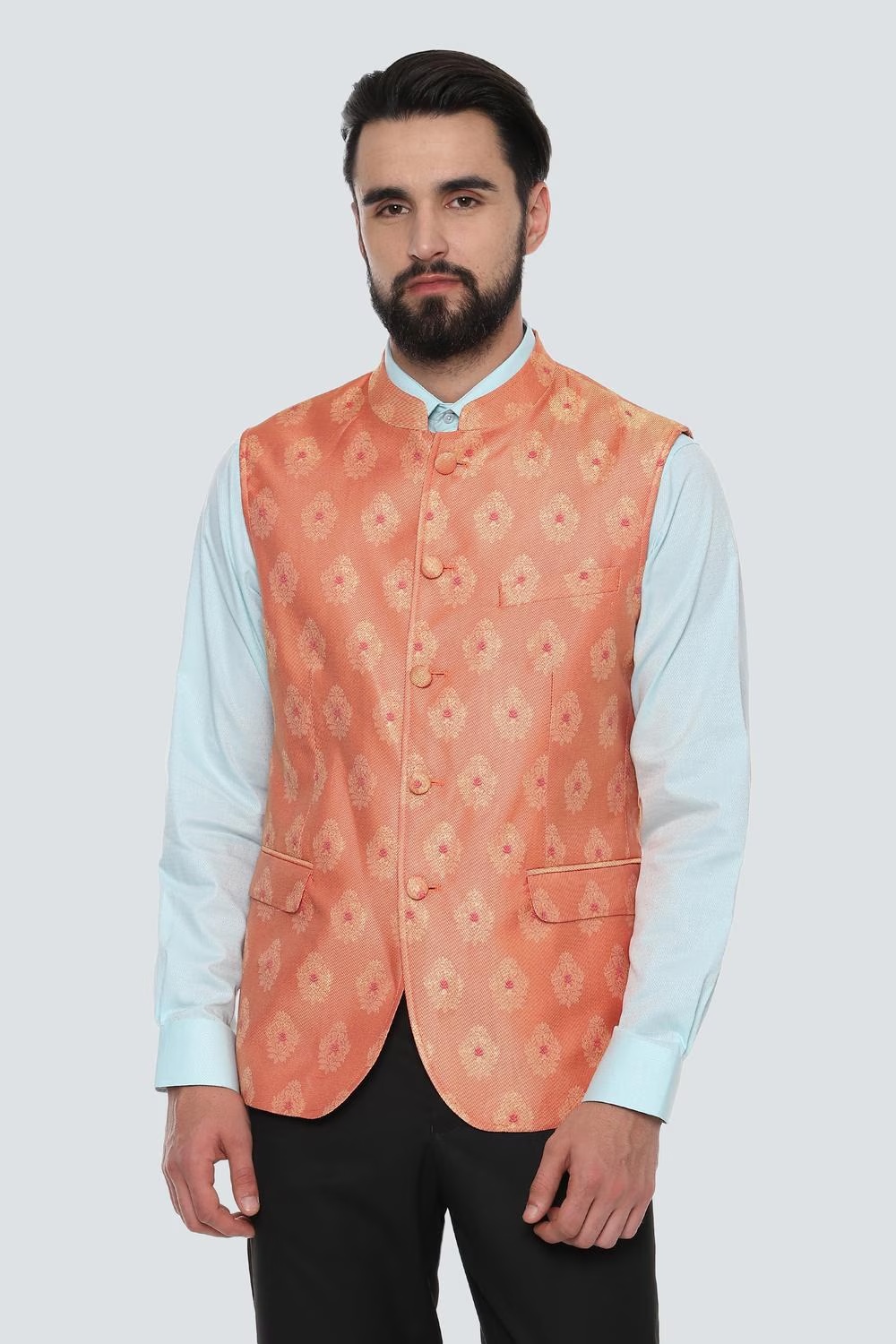 Men Orange Textured Casual Nehru Jacket-Orange