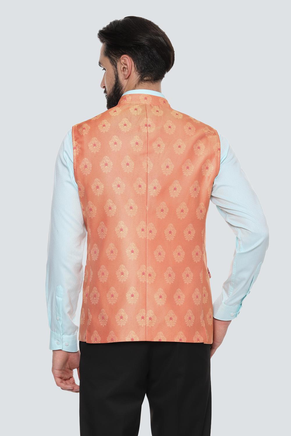 Men Orange Textured Casual Nehru Jacket-Orange