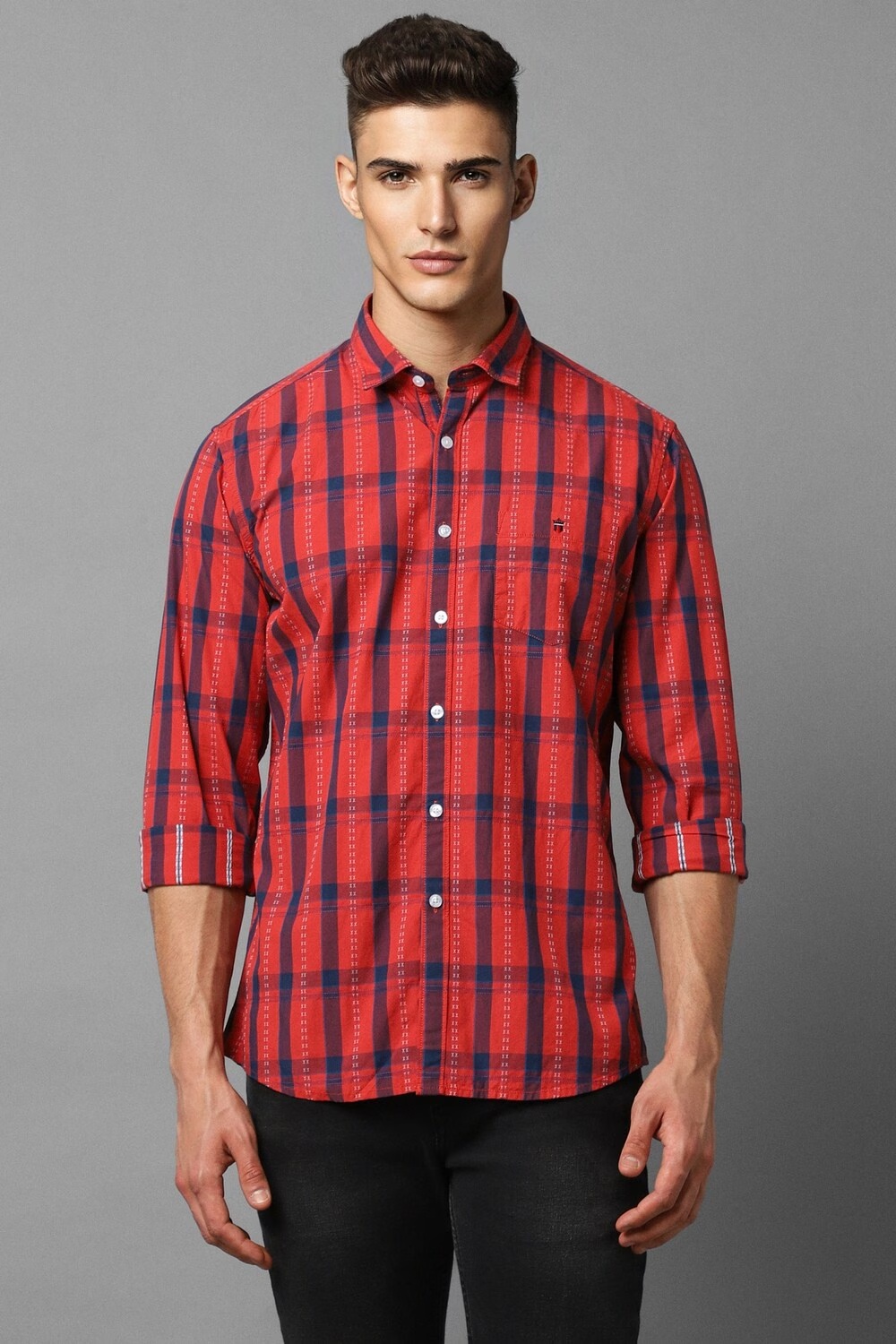 Men Red Slim Fit Check Full Sleeves Casual Shirt-Red