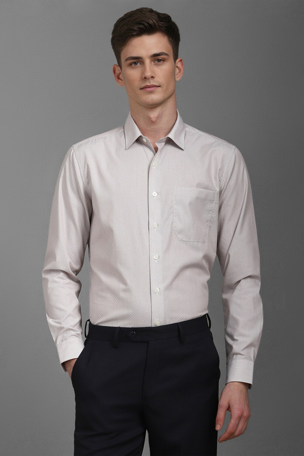 Men Grey Slim Fit Print Full Sleeves Formal Shirt-Grey