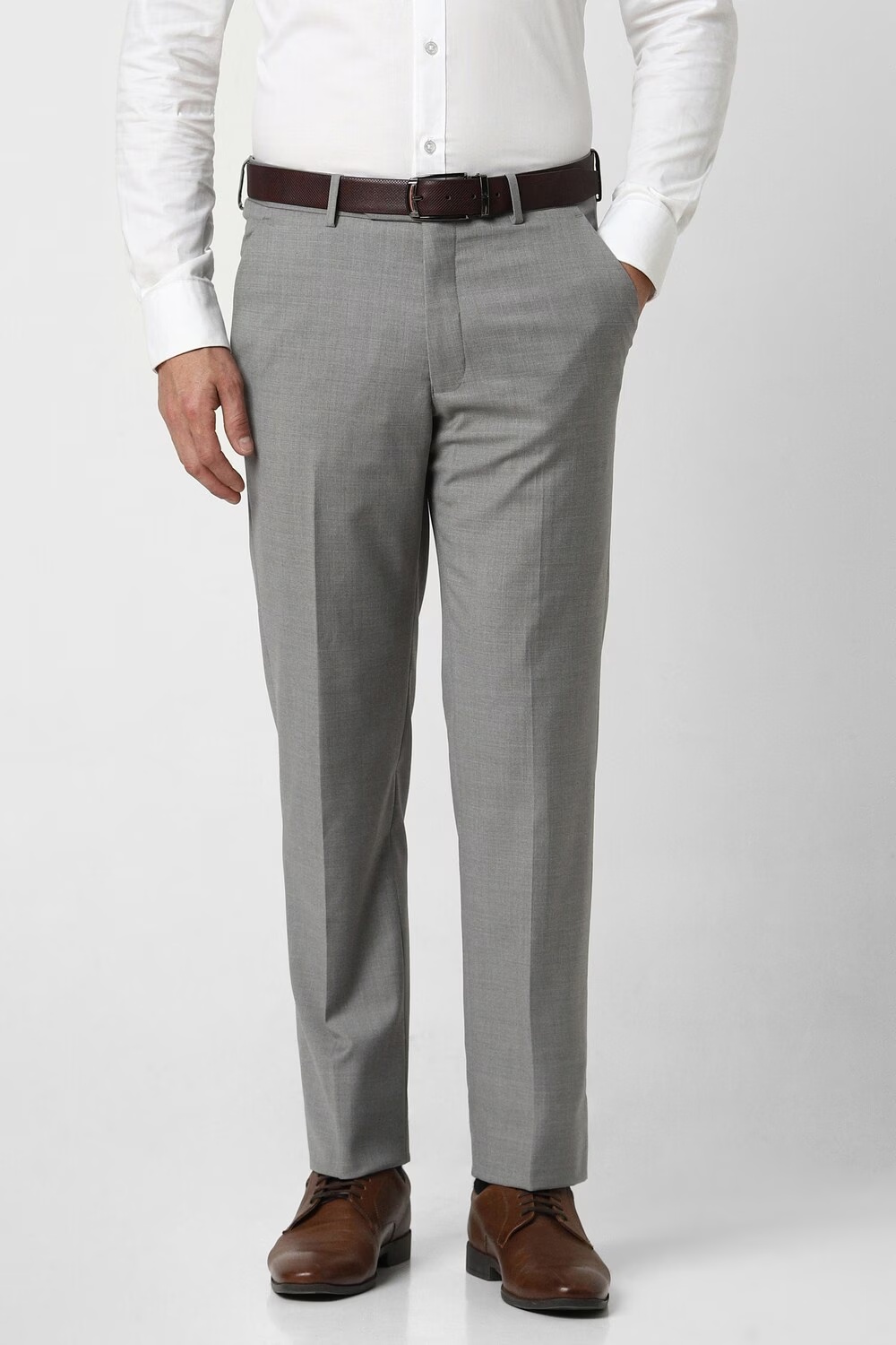 Men Grey Slim Fit Textured Flat Front Formal Trousers-Grey