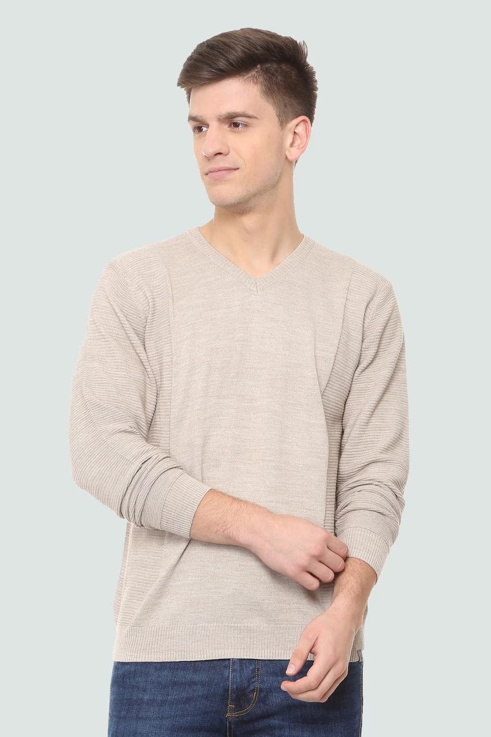 Men Beige Solid V Neck Full Sleeves Sweater-Beige