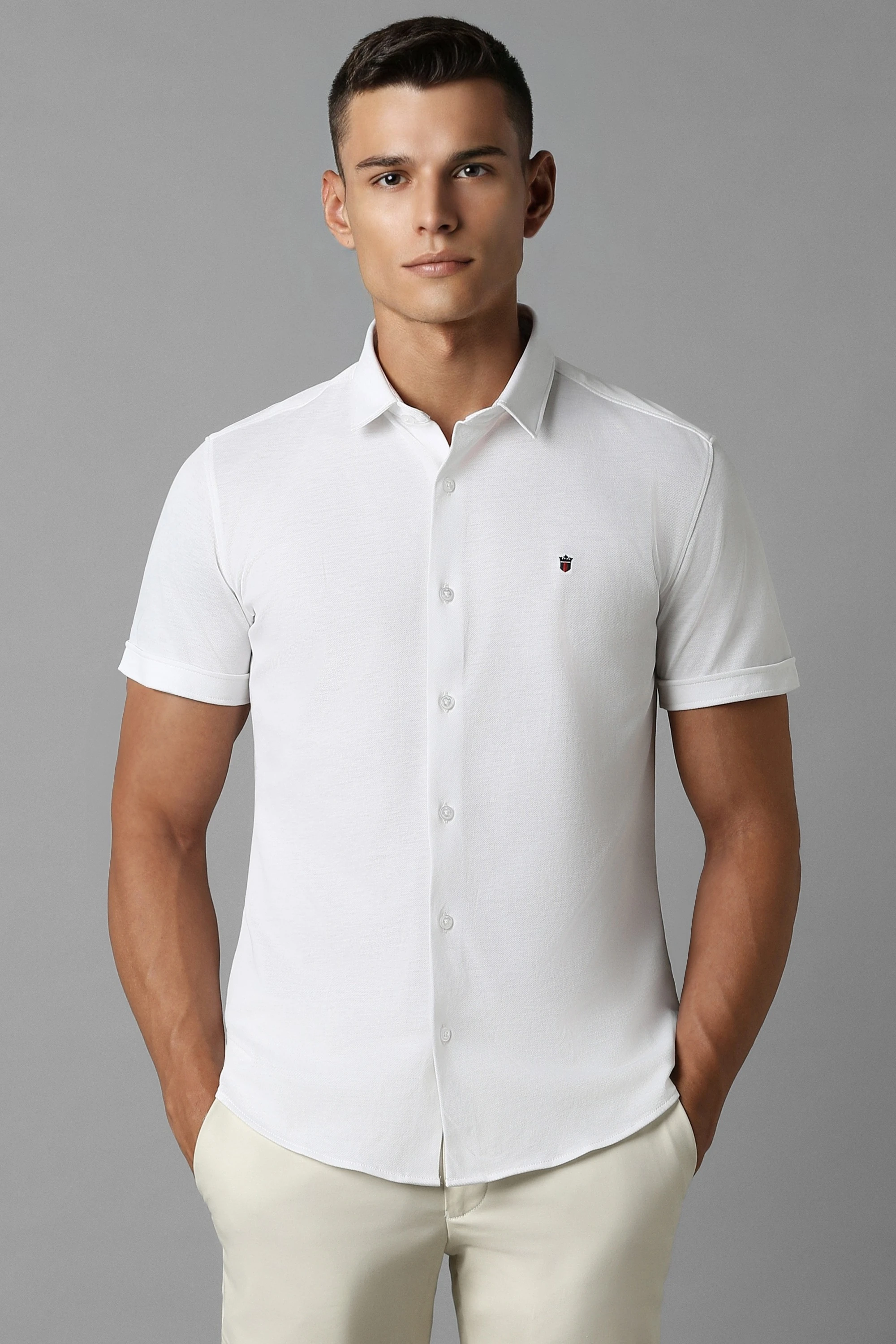 Men White Super Slim Fit Textured Half Sleeves Casual Shirt-White