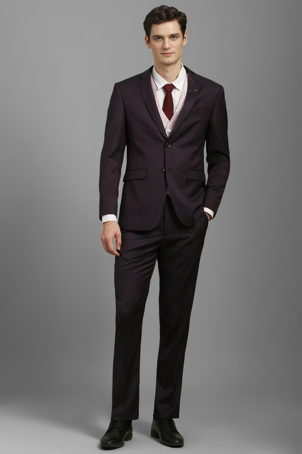 Men Brown Slim Fit Textured Formal Three Piece Suit-Brown