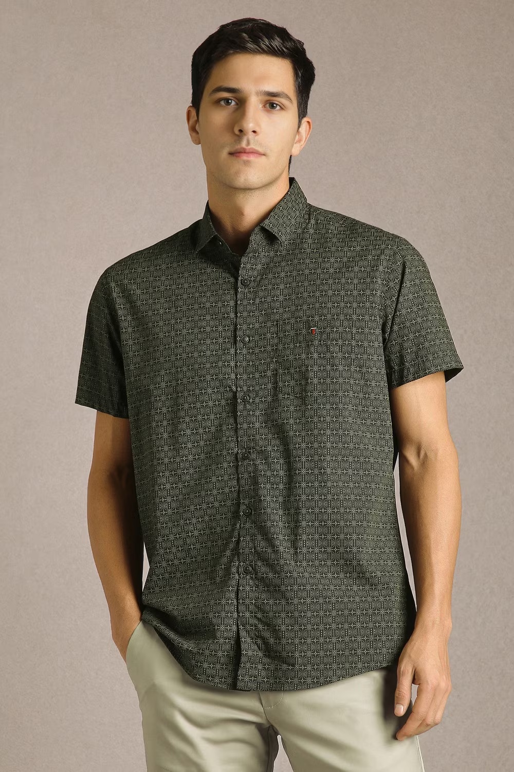 Men Olive Print Half Sleeves Casual Shirt-Olive
