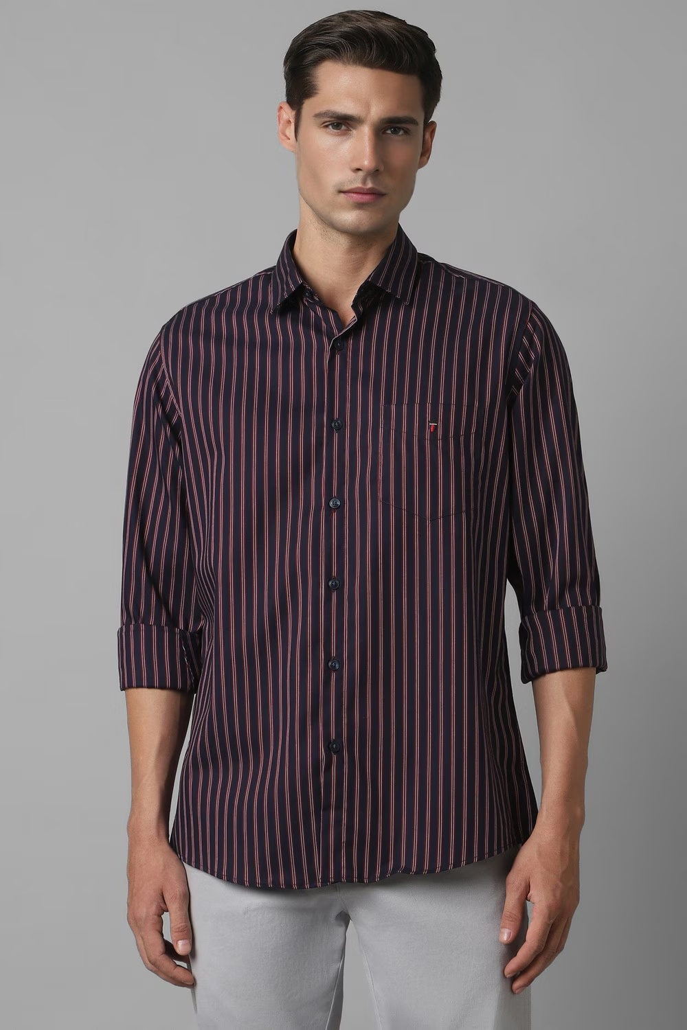 Men Navy Stripe Full Sleeves Casual Shirt-Navy