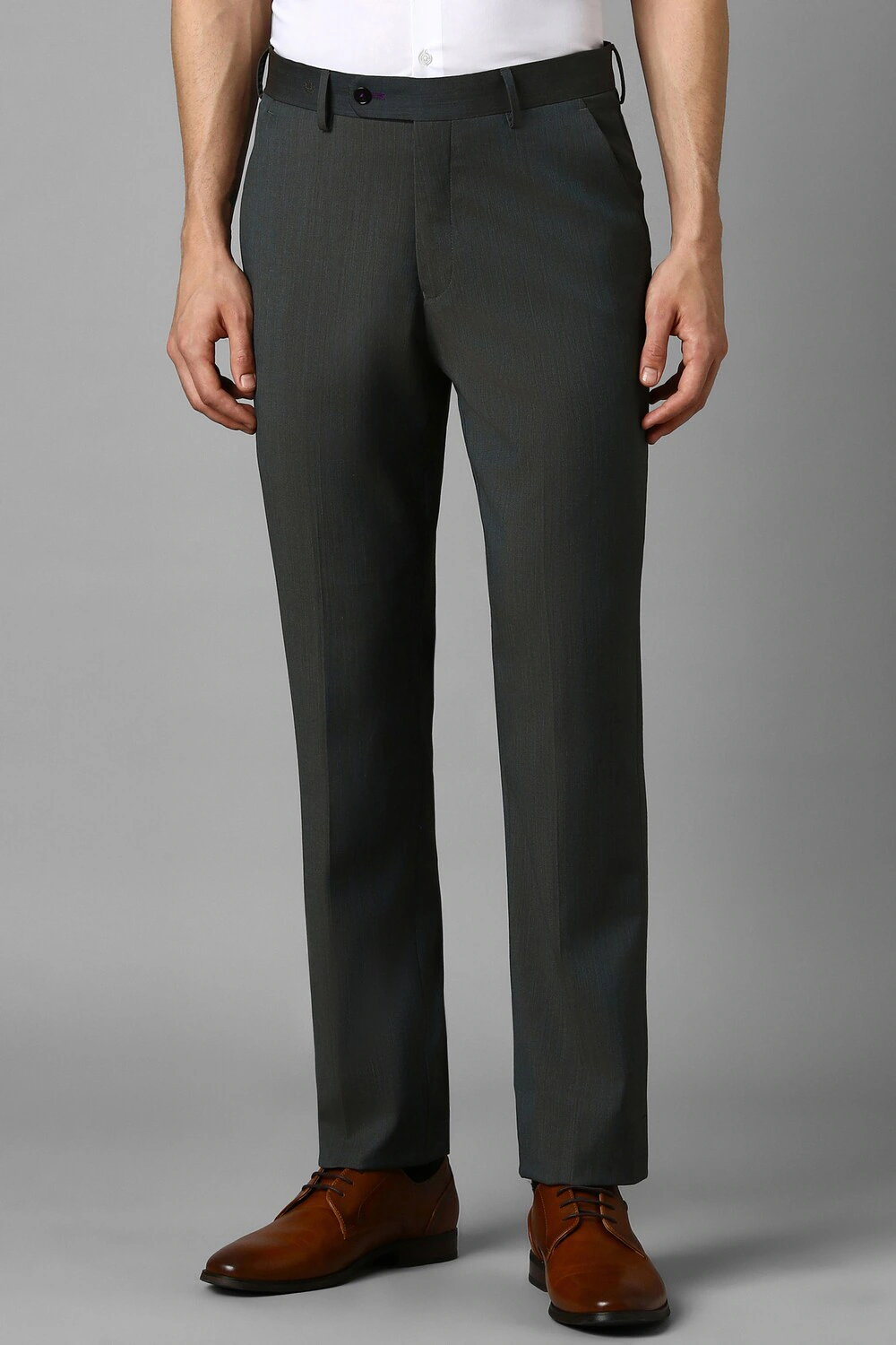 Men Green Slim Fit Textured Flat Front Formal Trousers-Green