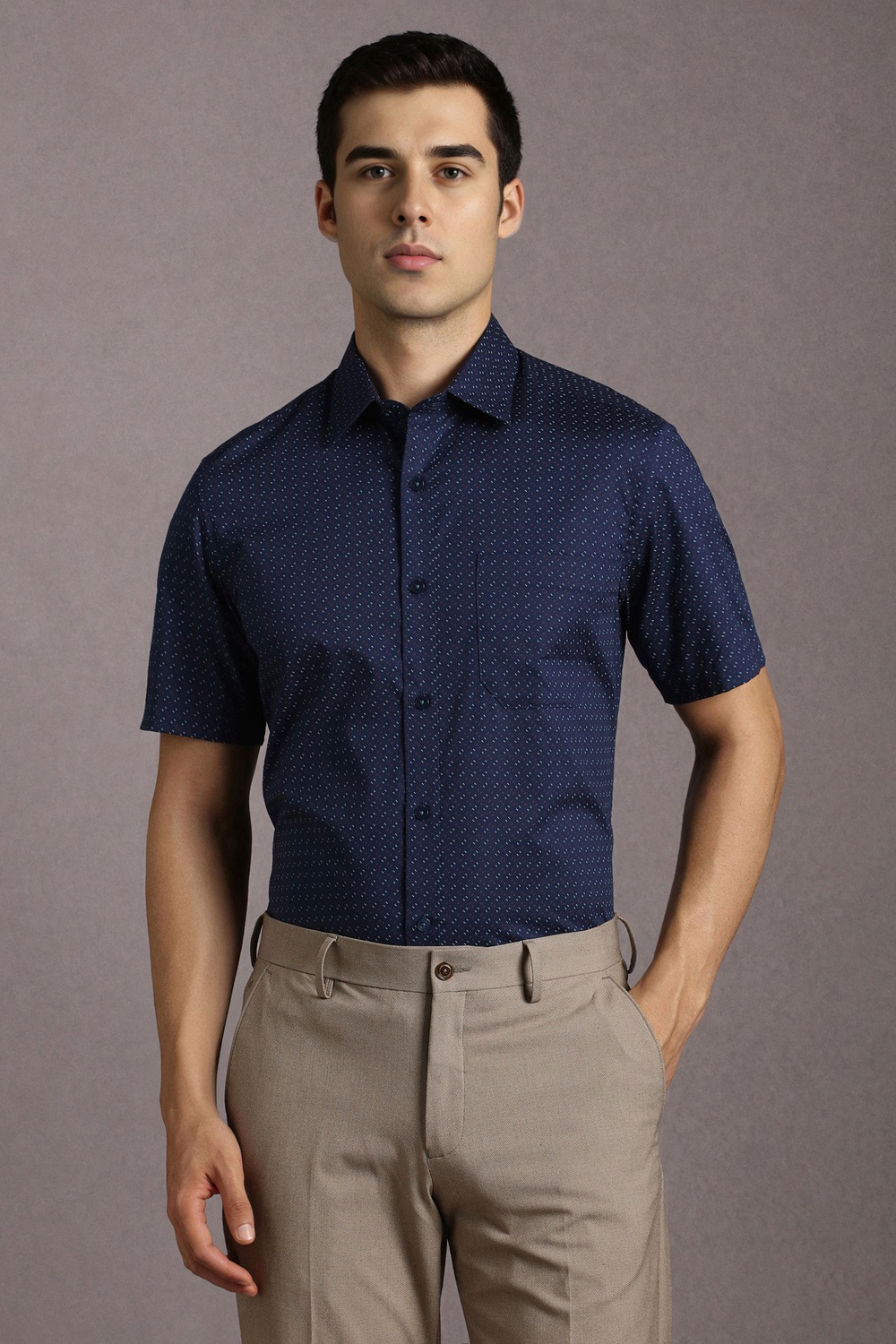 Men Navy Print Half Sleeves Formal Shirt-Navy