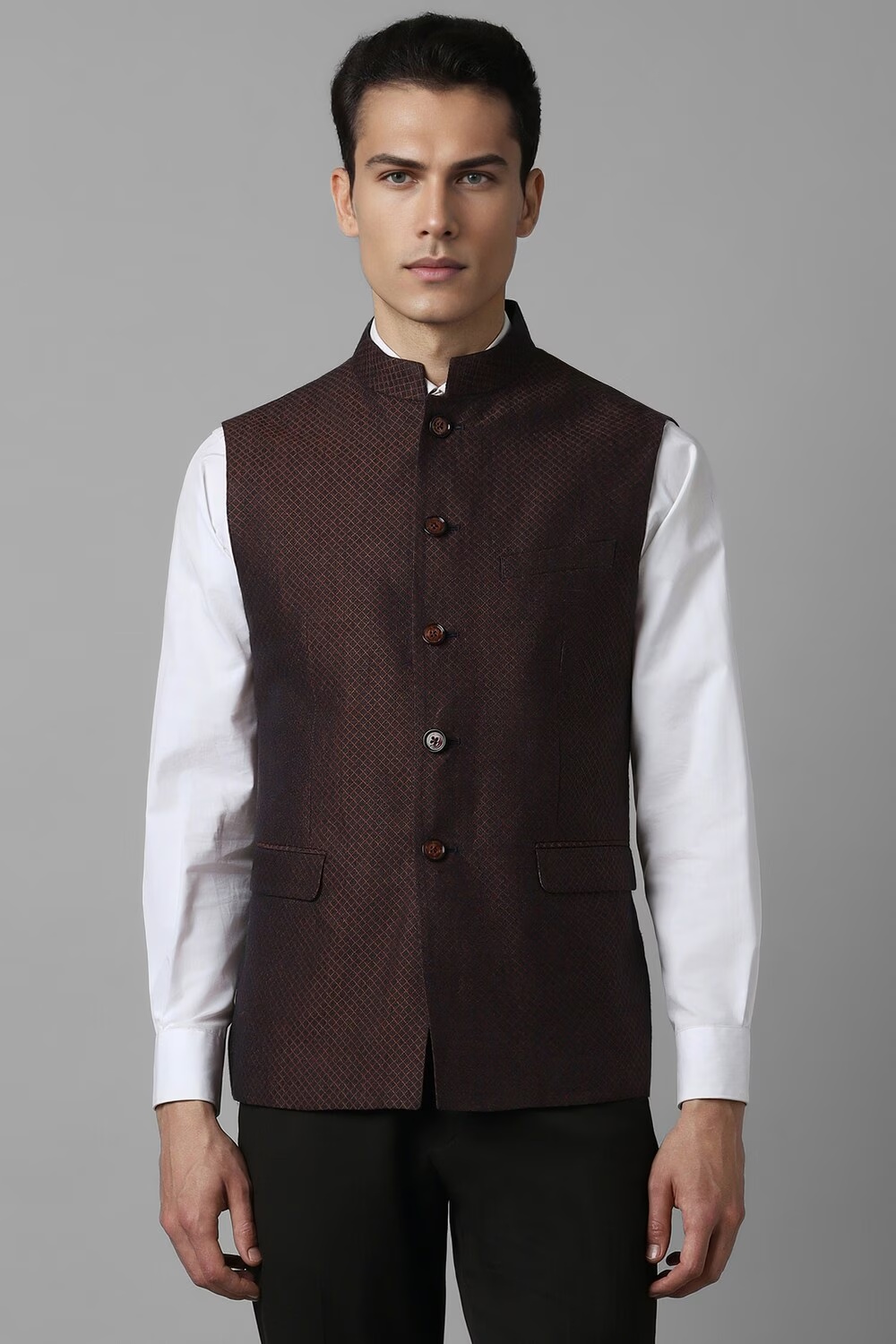 Men Brown Check Slim Fit Party Nehru Jacket-Brown
