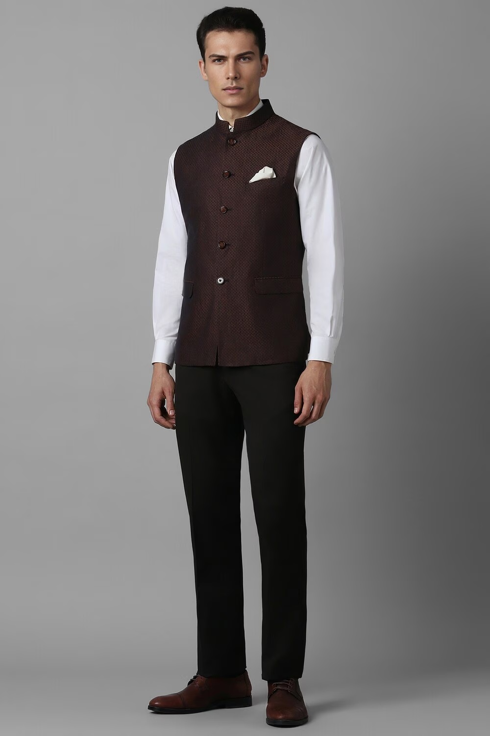 Men Brown Check Slim Fit Party Nehru Jacket-Brown