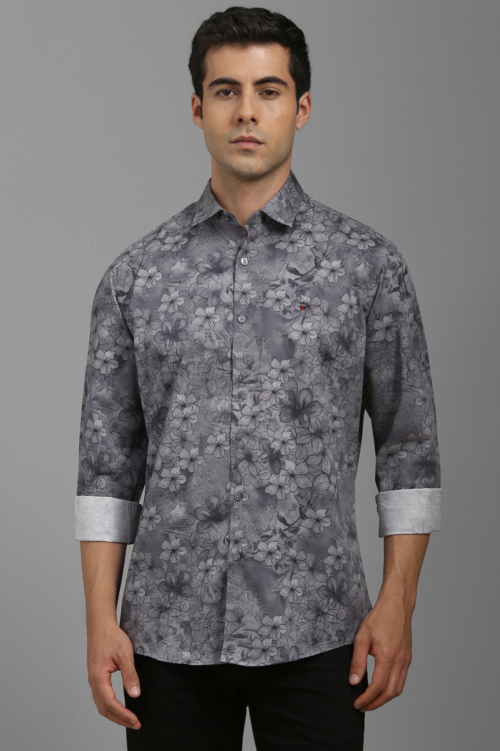 Men Grey Slim Fit Print Full Sleeves Casual Shirt-Grey