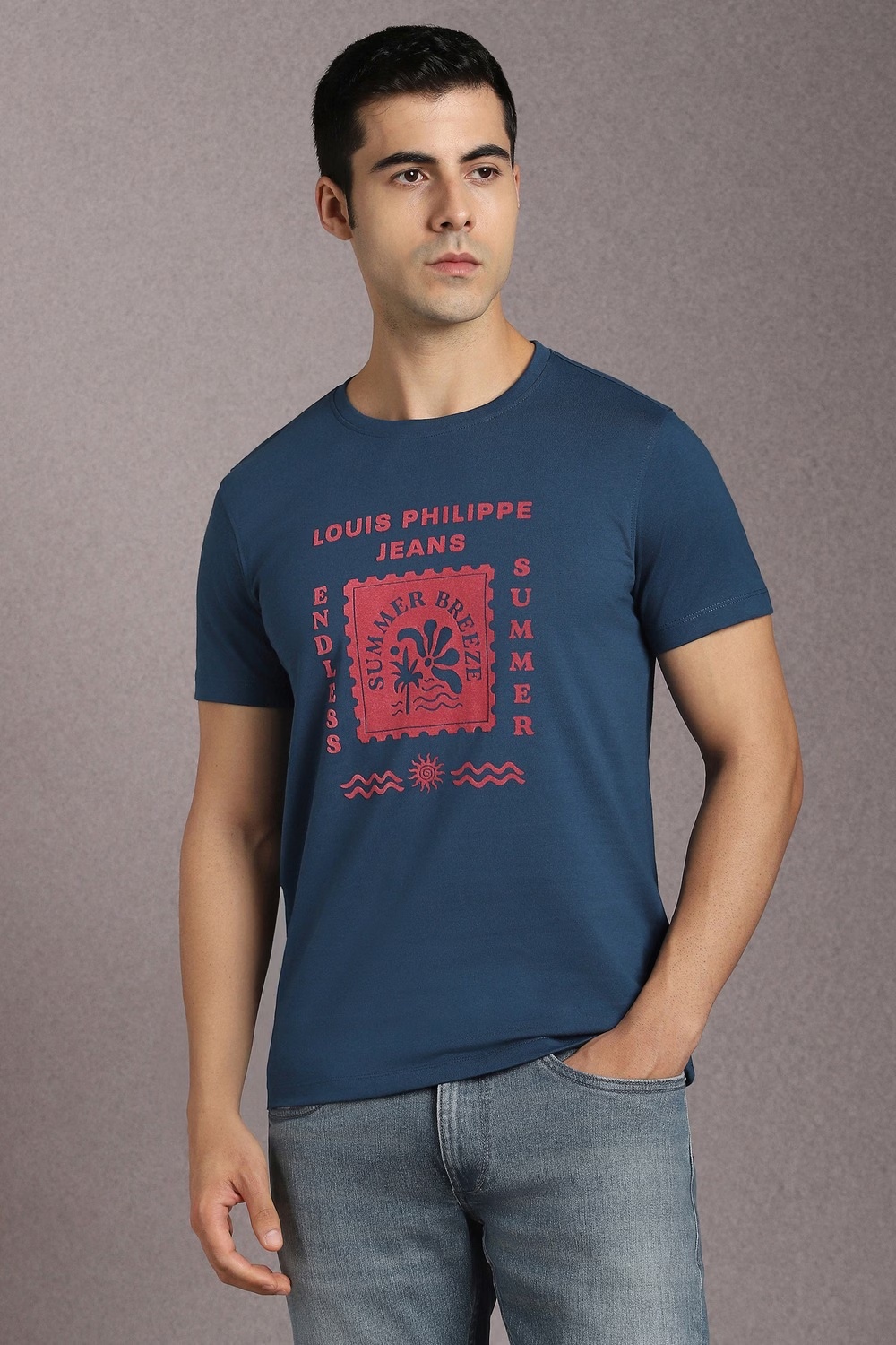 Men Blue Graphic Print Crew Neck T-shirt-Blue