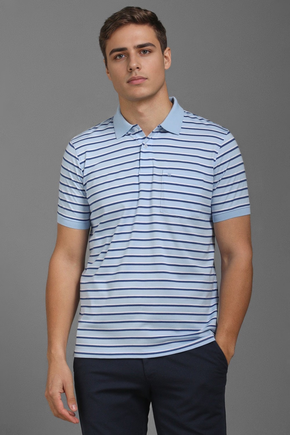 Men Light Blue Stripe Polo Neck T-shirt-Light Blue