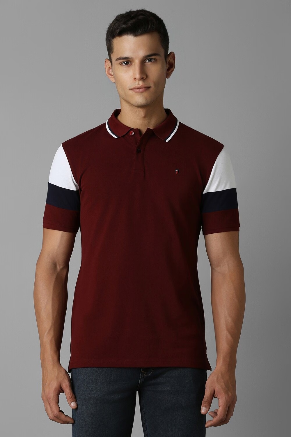 Men Maroon Print Polo Neck T-shirt-Maroon