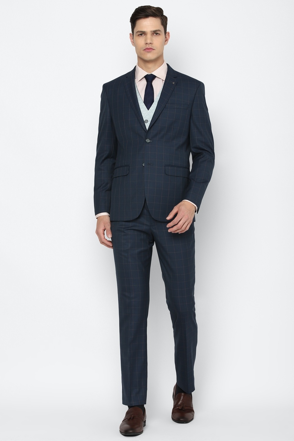 Men Navy Slim Fit Check Formal Three Piece Suit-Navy