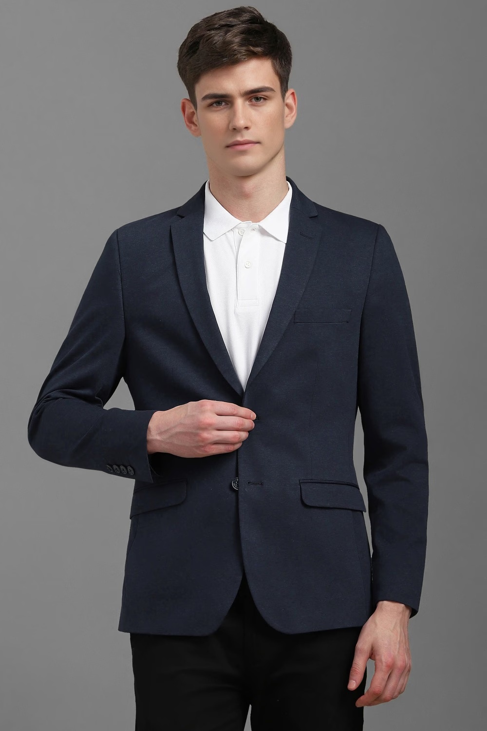 Men Navy Super Slim Fit Textured Casual Blazer-Navy