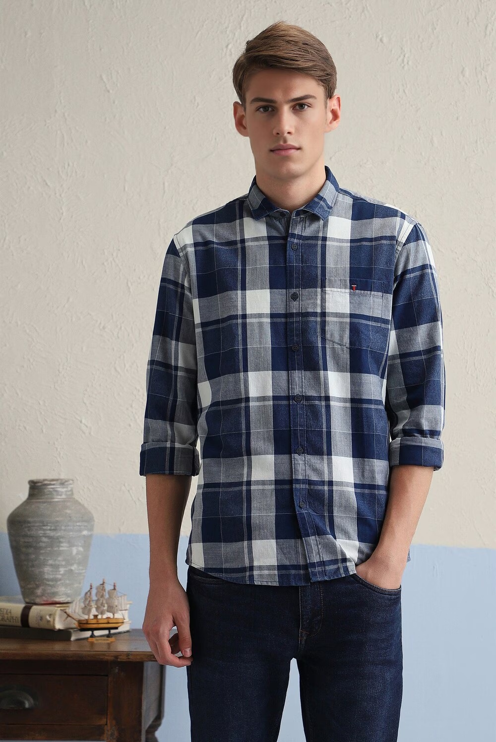 Men Navy Slim Fit Check Full Sleeves Casual Shirt-Navy