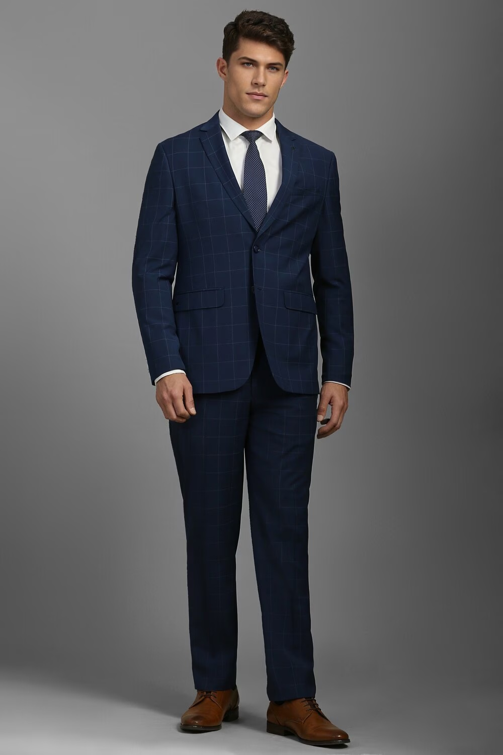 Men Navy Slim Fit Check Formal Two Piece Suit-Navy