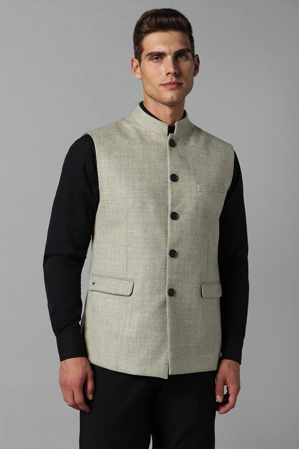 Men Green Textured Slim Fit Party Nehru Jacket-Green
