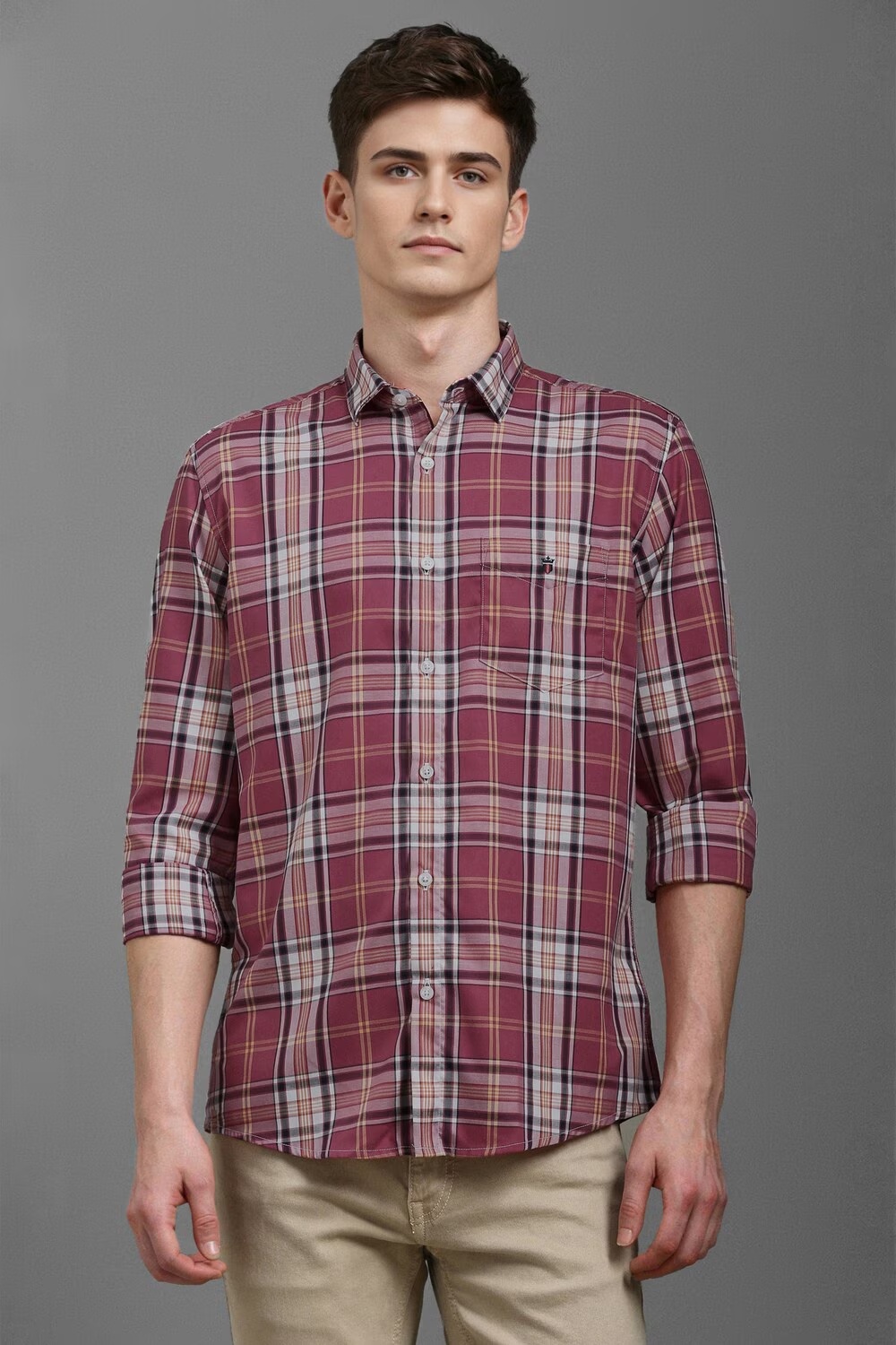 Men Red Slim Fit Check Full Sleeves Casual Shirt-Red
