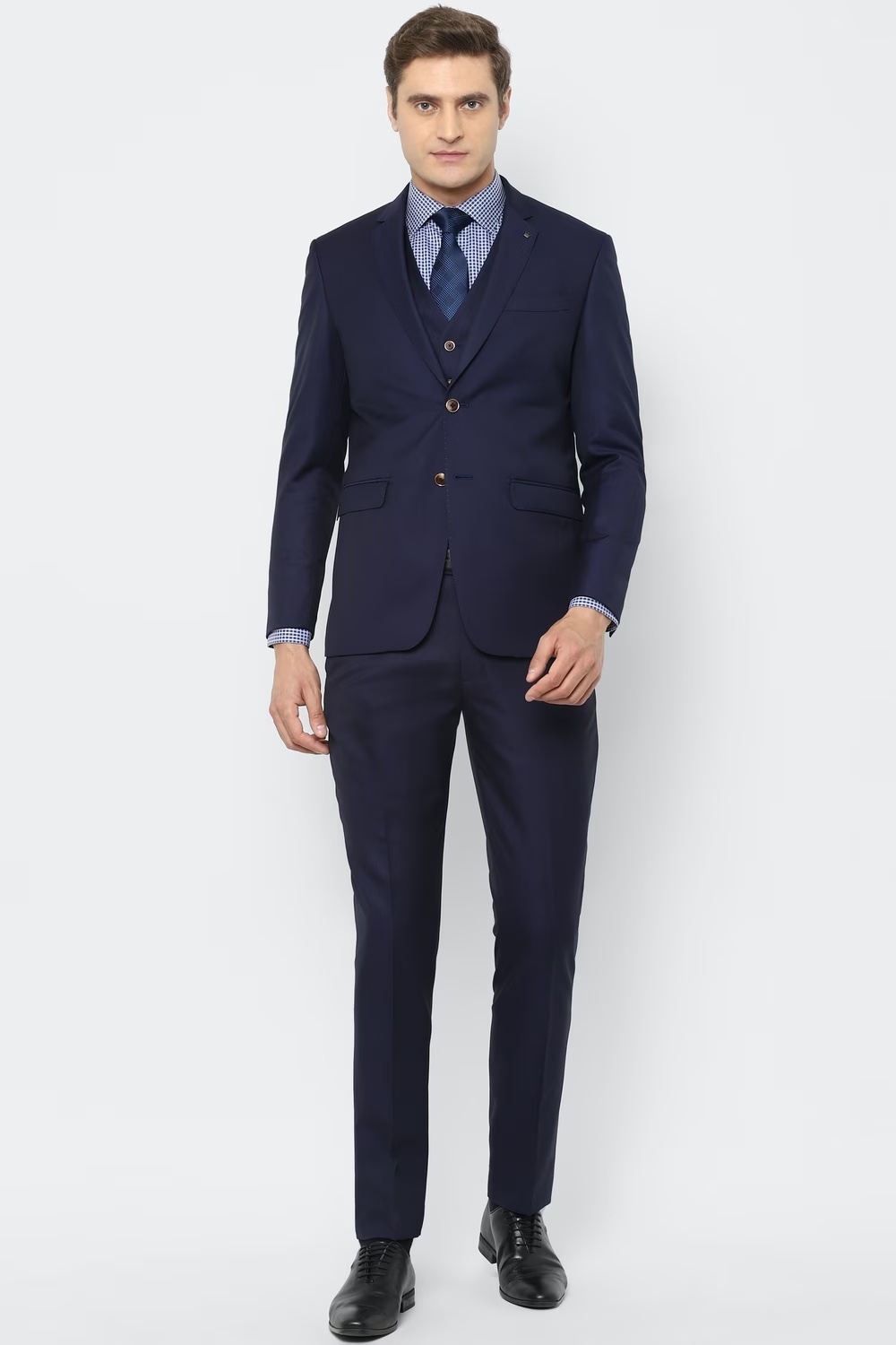 Men Navy Slim Fit Solid Formal Three Piece Suit-Navy