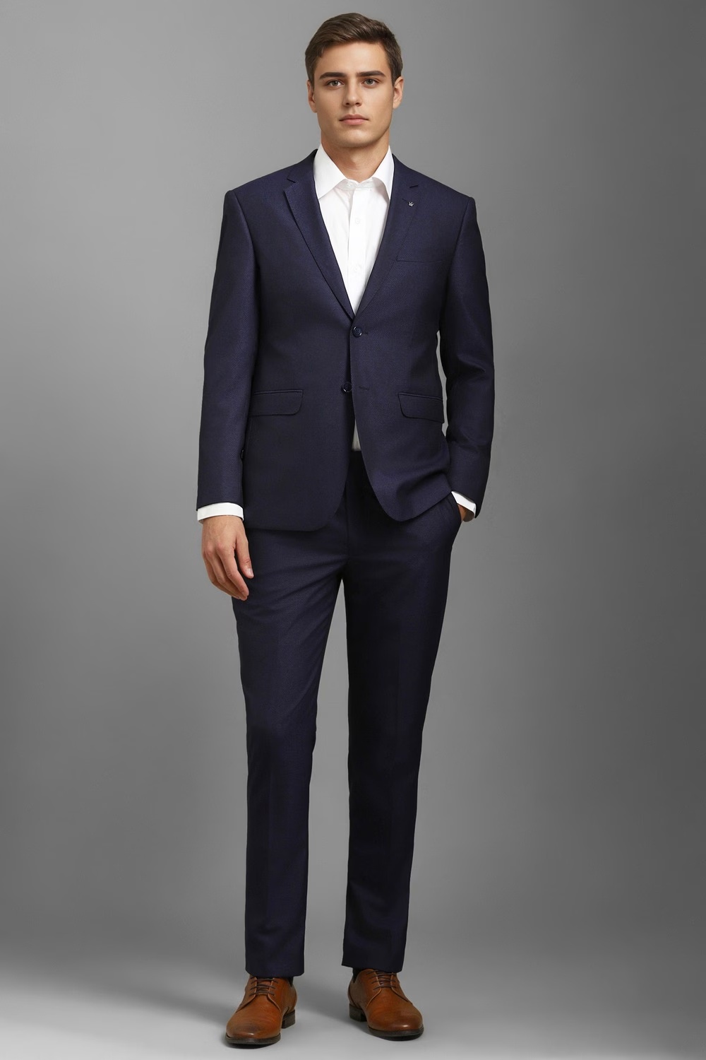 Men Navy Slim Fit Textured Formal Two Piece Suit-Navy