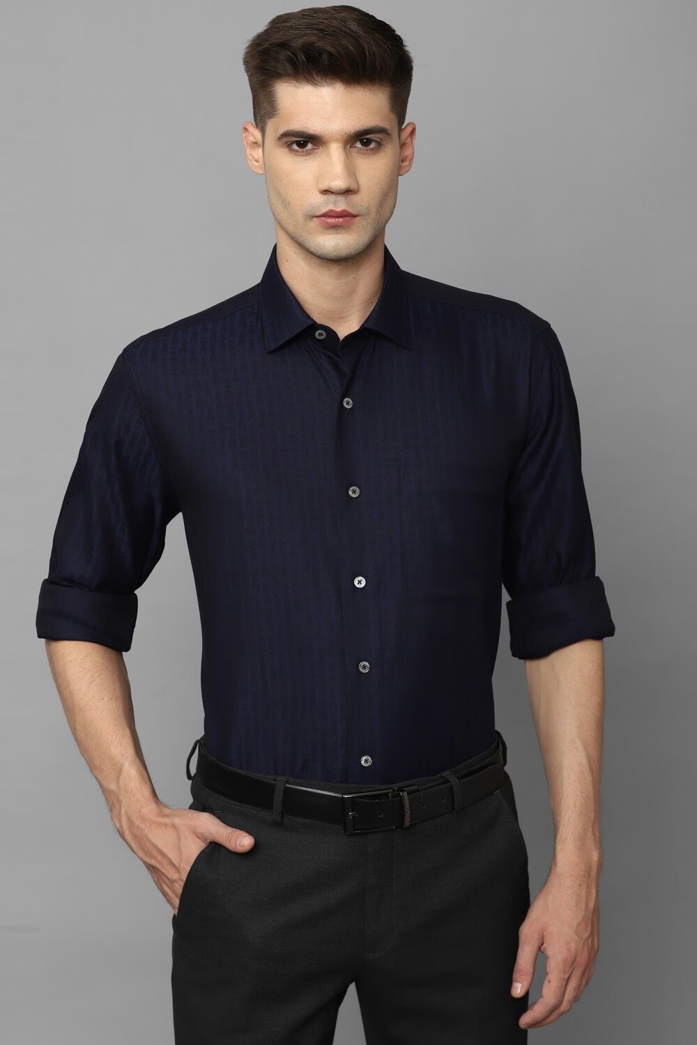 Men Navy Classic Fit Stripe Full Sleeves Formal Shirt-Navy