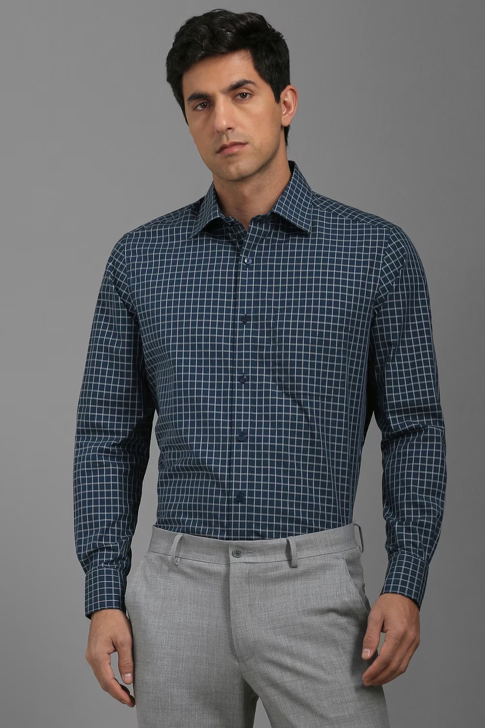 Men Navy Classic Fit Check Full Sleeves Formal Shirt-Navy