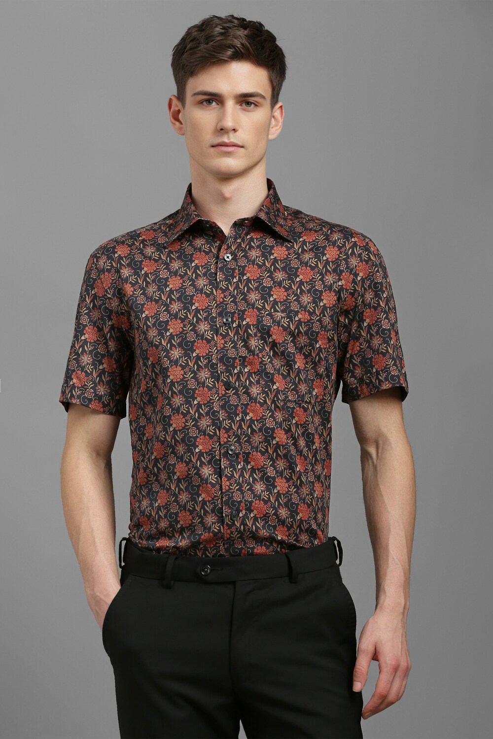 Men Black Classic Fit Print Half Sleeves Formal Shirt-Black