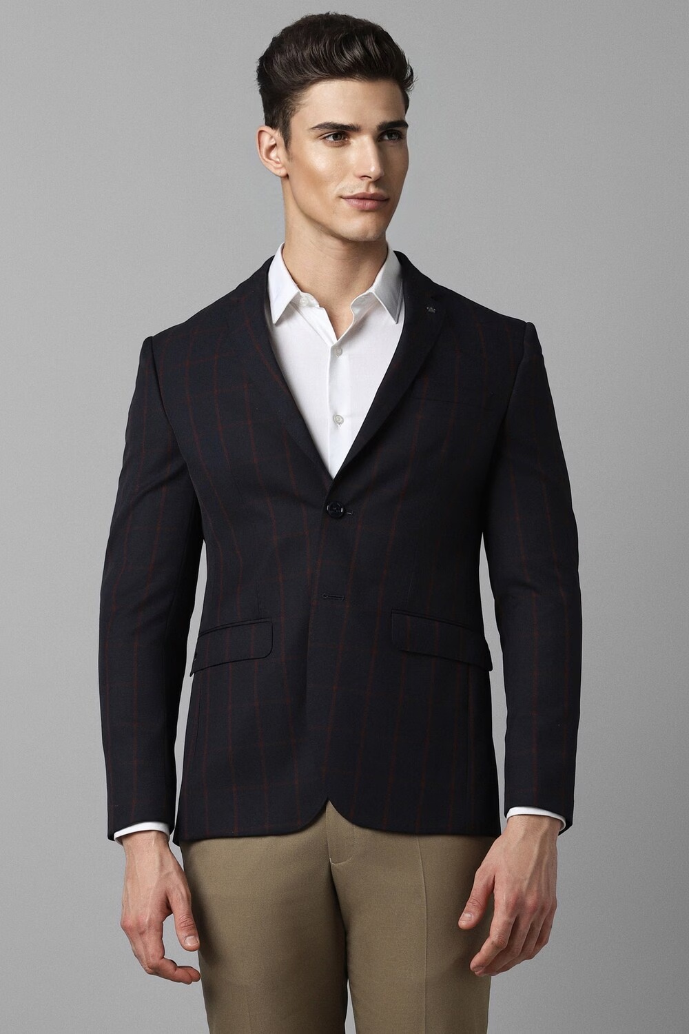 Men Navy Slim Fit Check Formal Blazer-Navy