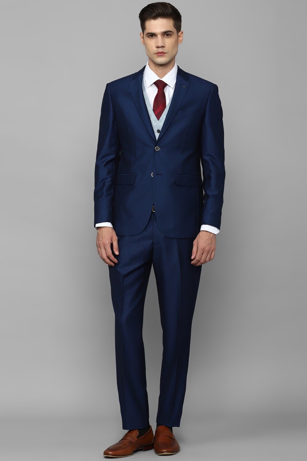 Men Navy Slim Fit Textured Formal Three Piece Suit-Navy