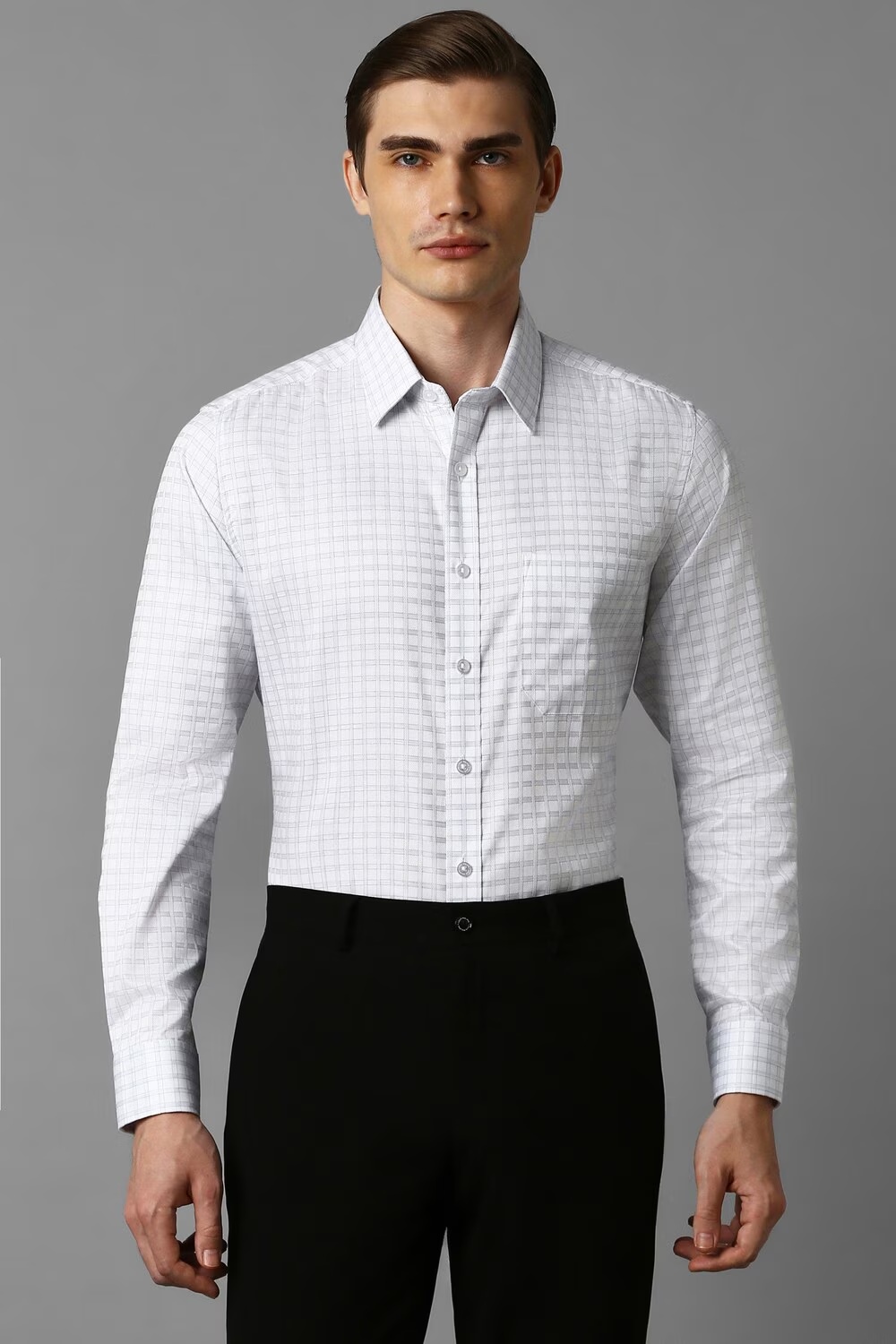 Men White Slim Fit Check Full Sleeves Formal Shirt-White