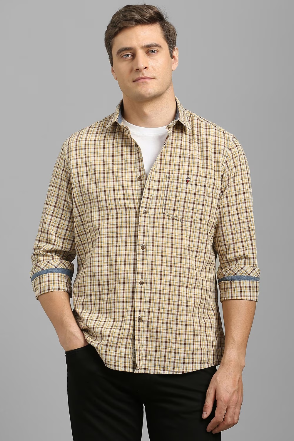 Men Beige Check Full Sleeves Casual Shirt-Beige