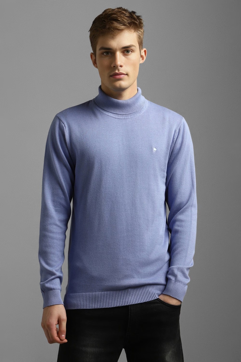 Men Blue Solid Turtle Neck Full Sleeves Sweater-Blue