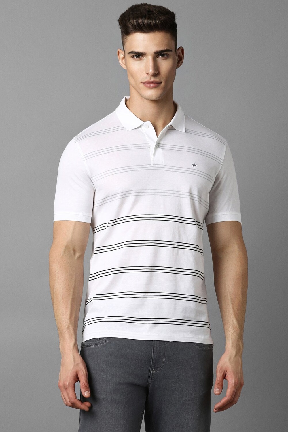 Men White Stripe Polo Neck T-shirt-White