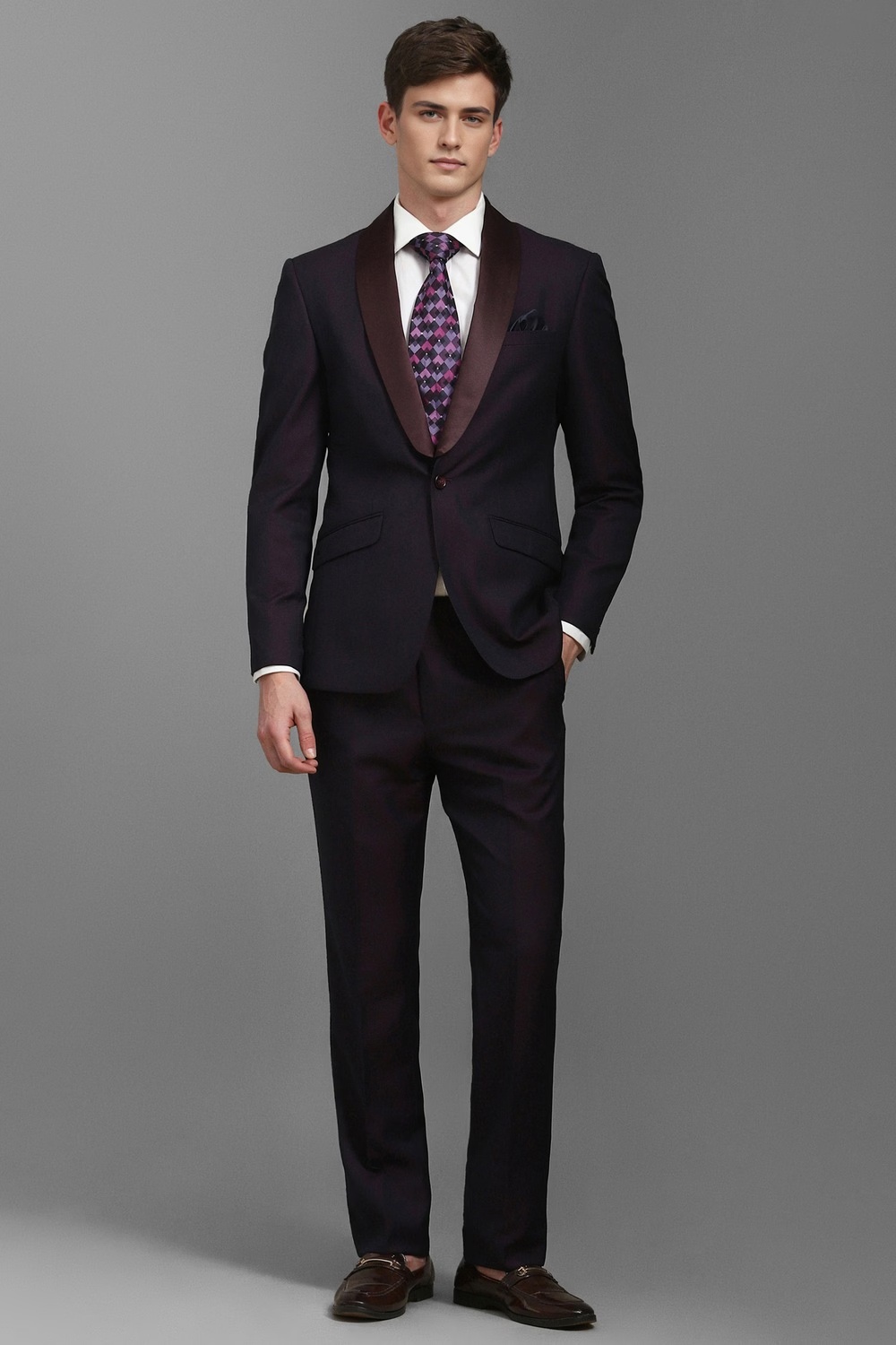 Men Purple Slim Fit Textured Formal Two Piece Suit-Purple