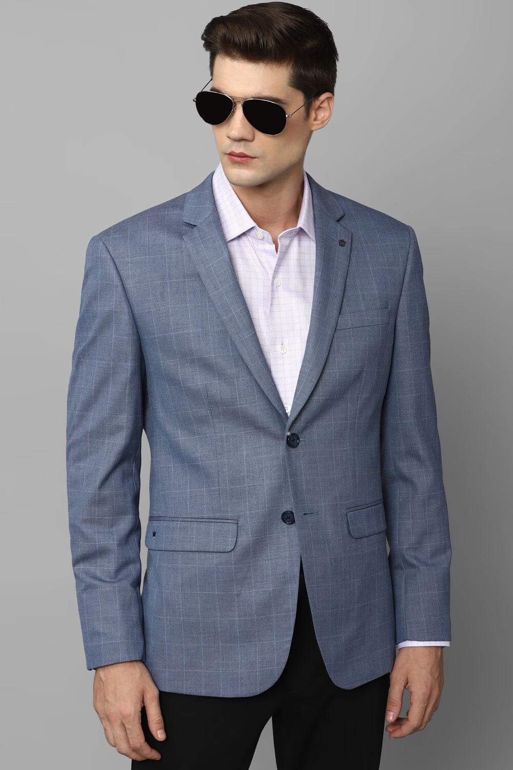 Men Blue Slim Fit Check Formal Blazer-Blue