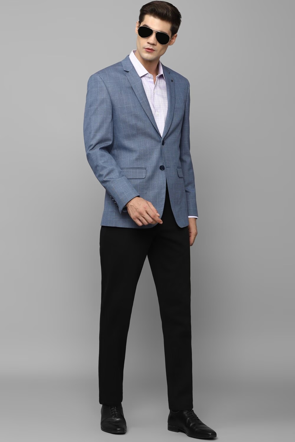 Men Blue Slim Fit Check Formal Blazer-Blue